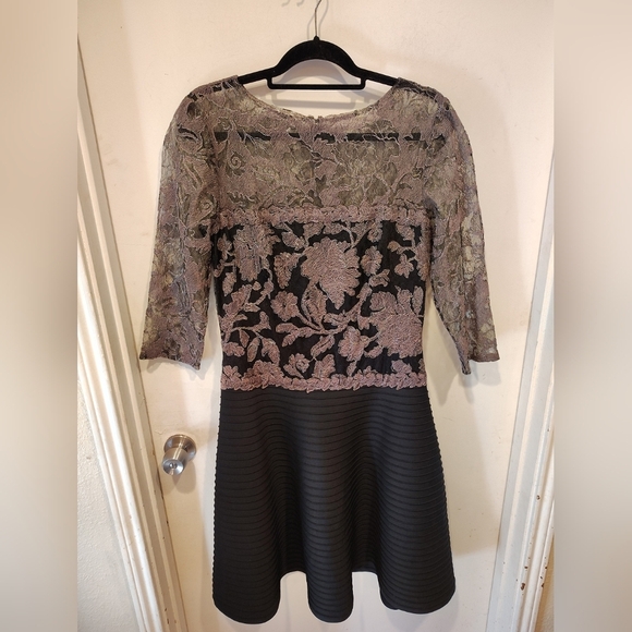 Tadashi Shoji Black and Gold Lace Midi Dress - Picture 1 of 8